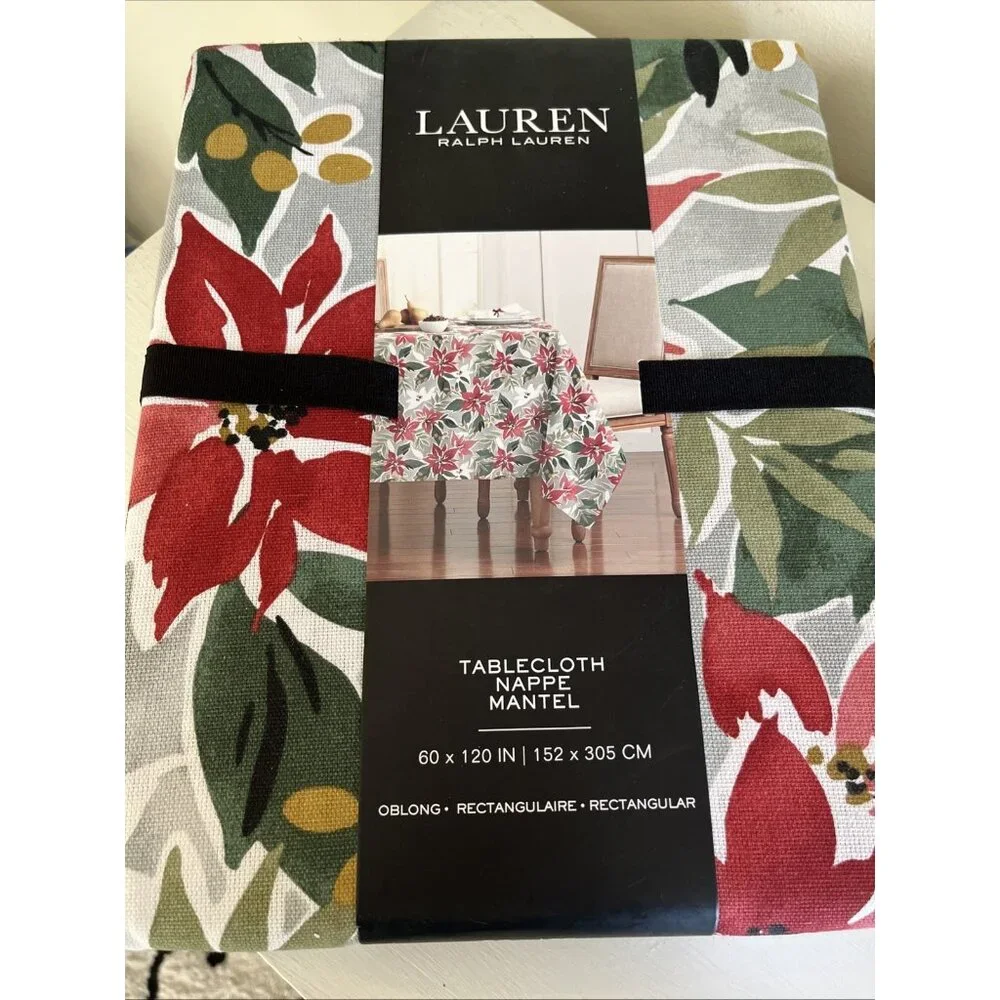 RALPH LAUREN Tablecloth 60x120 Rectangular Vibrant Large Poinsettias